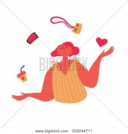 Balance Between Heart And Money. Girl Juggles With Job, Love, Mobile Phone And Coffee. Woman Is Doin