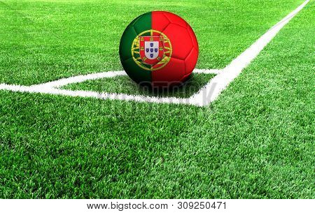 Soccer Ball On A Green Field, Flag Of Portugal