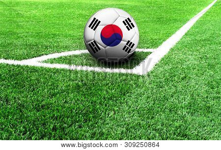 Soccer Ball On A Green Field, Flag Of South Korea
