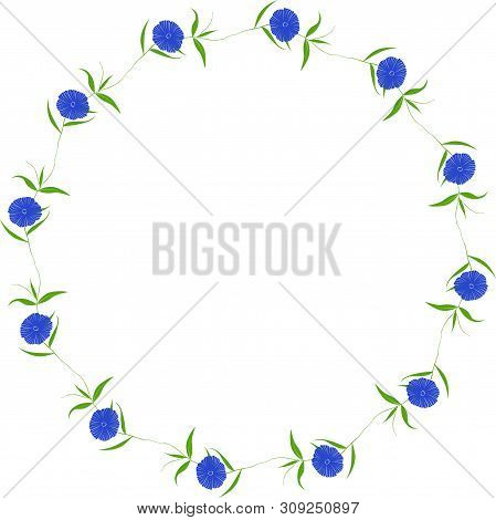 Frame Made Of Blue Flowers And Leaves In Circle On White Background. Floral Round Border. Vector Ill