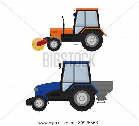 Road Cleaning Machine Excavator Tractor Vector Vehicle Truck Sweeper Cleaner Wash City Streets Illus