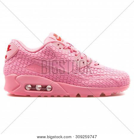 Vienna, Austria - August 25, 2017: Nike Air Max 90 Dmb Qs Pink Sneaker On White Background.