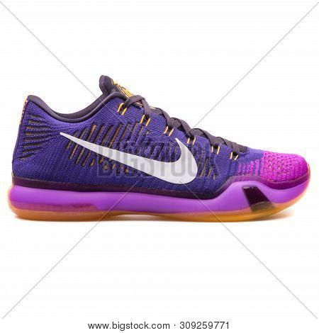 Vienna, Austria - August 25, 2017: Nike Kobe X Elite Low Purple And White Sneaker On White Backgroun