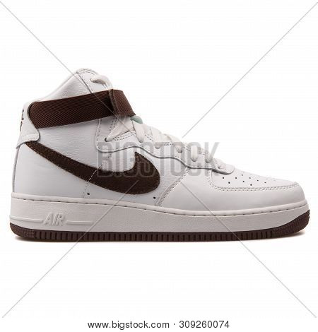 Vienna, Austria - August 25, 2017: Nike Air Force 1 High Retro Qs White And Brown Sneaker On White B