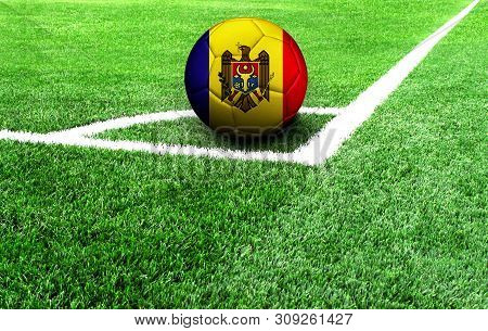 Soccer Ball On A Green Field, Flag Of Moldova