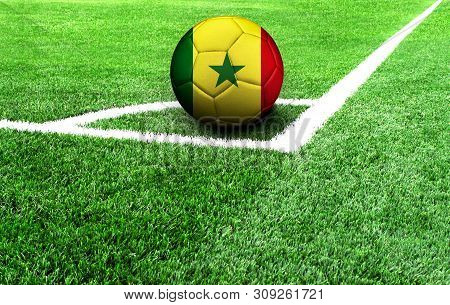 Soccer Ball On A Green Field, Flag Of Senegal