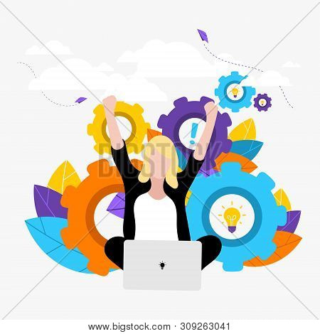 Vector Illustration. Business And Work. The Girl Works At The Computer. New Ideas And A Single Mecha