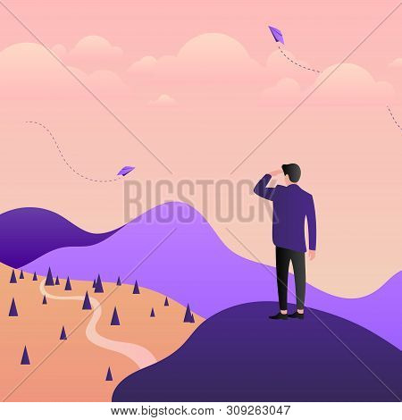 Man On The Mountain. Businessman Standing On Top Of A Mountain And Looking Into The Distance. Vector