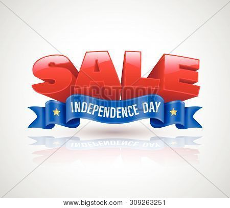 Sale 3D Text With Blue Ribbon For Promotion On Independence Day Sale.