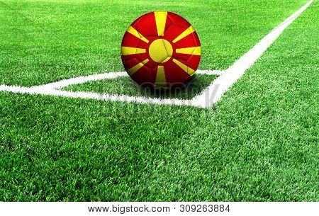 Soccer Ball On A Green Field, Flag Of Macedonia
