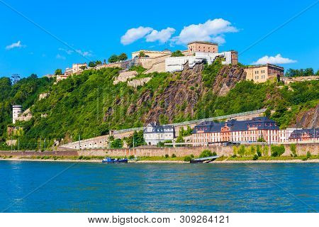 Ehrenbreitstein Fortress Aerial Panoramic View In Koblenz. Koblenz Is City On Rhine, Joined By Mosel