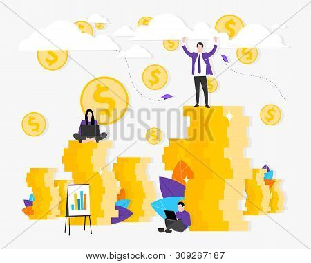 Money Vector Illustration, Dollars Coins Falling From The Sky On A White Background, Finance, People