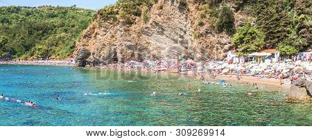 Budva, Montenegro - August 18, 2017: Panorama Of Mogren Beach In Budva, Montenegro - One Of The Most