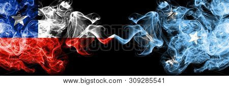 Chile Vs Micronesia, Micronesian Smoky Mystic Flags Placed Side By Side. Thick Colored Silky Smokes 