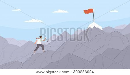 Man Travelling Through Mountain Ridge To Final Destination Point. Office Worker Climbing Up Cliffs. 