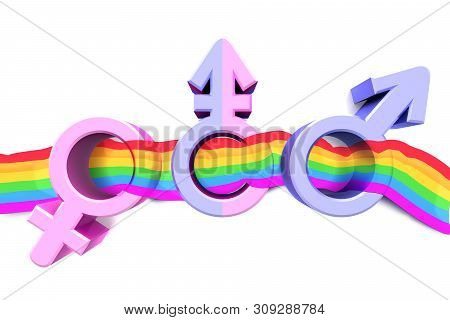 Set Of Gender Symbols With Lgbt Flag. 3d Illustration. Idea And Leadership Concep.
