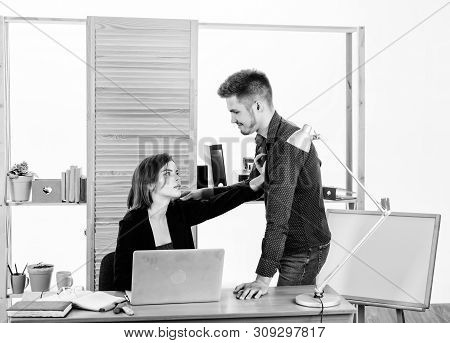 From Platonic Friendship Into Romantic Love. Romantic Couple Conducting Workplace Affair. Boss And S