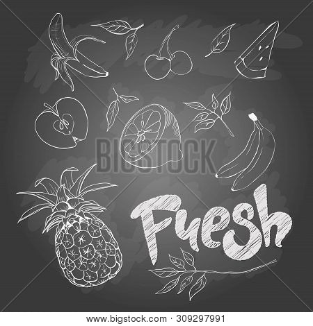 Set Of Cartoon Fruit. Fruit Icons. Hand Drawn Fruits Vector Stock Illustration. Chalk Board Drawing 