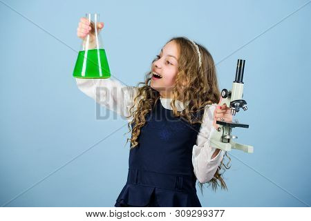 Science Research In Lab. Small Girl With Microscope. Child Study Bilogy Lesson. Discover Future. Bac