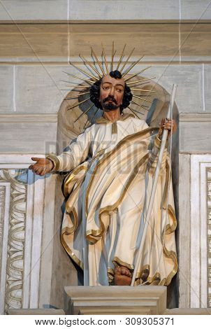LUCERNE, SWITZERLAND - JUNE 24, 2018: Apostle, statue in the church of St. Leodegar in Lucerne, Switzerland