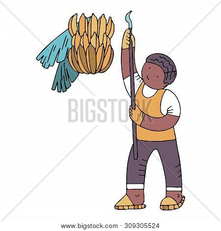 Bananas Collector With A Knive In Doodle Style With A Stroke. Icon For Games And Apps. Illustration 
