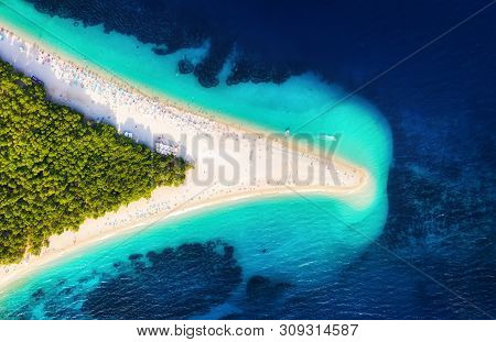 Croatia, Hvar Island, Bol. Panoramic Aerial View At The Zlatni Rat. Beach And Sea From Air. Famous P