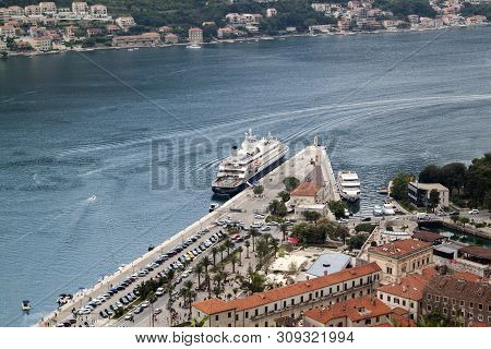 Close Up View Of The Cruise Ship At The Pier In The Bay Of Kotor, Montenegro