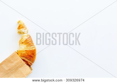 Fresh Pastry With Croissant In Paper Bag On White Background Top View Mockup