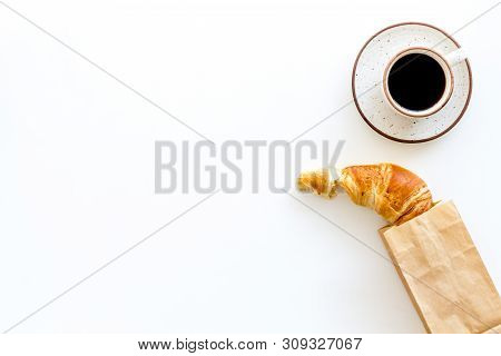 Fresh Pastry With Croissant In Paper Bag And Cup Of Coffee On White Background Top View Mockup