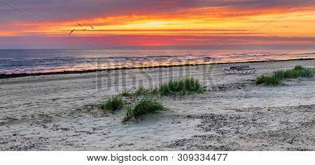 Sunrise On Sandy Beach Of The Baltic Sea In Jurmala - Famous Tourist Resort In Latvia, Ec