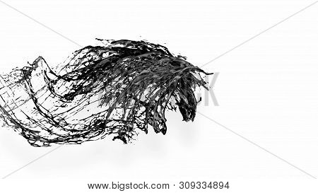 Black Splash Like Petroleum Is Hanging In The Air. 3d Rendering Of Liquid Splash In Cartoon Style. 2
