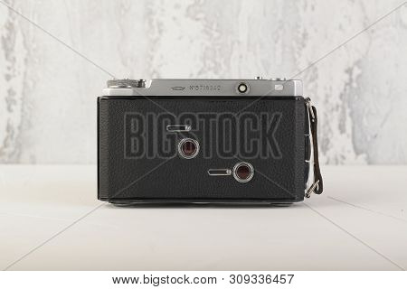 Moscow, Russia, July 02, 2019. Old Soviet Medium Format Rangefinder Camera Moskwa-5, Released1957 On