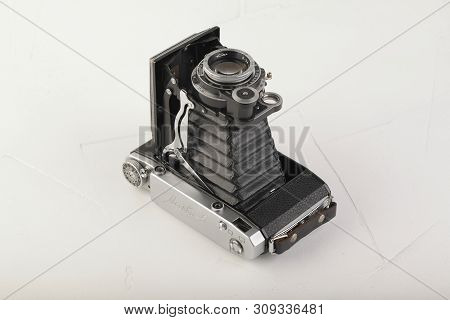 Moscow, Russia, July 02, 2019. Old Soviet Medium Format Rangefinder Camera Moskwa-5, Released1957 On