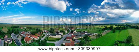 European Countryside From The Air, Village In Pannonian Plain, Dravsko Polje, Slovenia, Rural Landsc