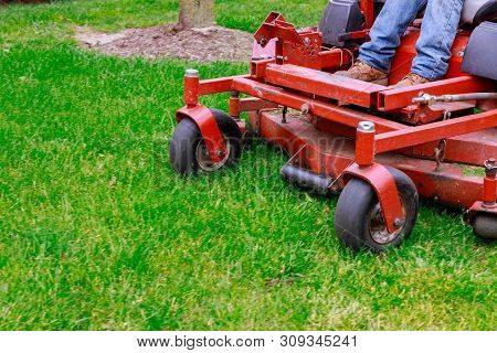 Lawn Mower Cutting Green Grass In Backyard Man Lawnmower Tractor