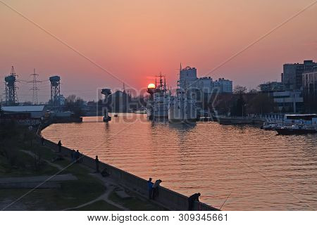 Kaliningrad, Russia - April 06, 2019: A View Of The Pregolya River On Sunset