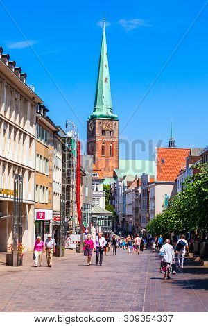 Lubeck, Germany - July 08, 2018: Pedestrian Street In The Centre Of Lubeck City In Germany