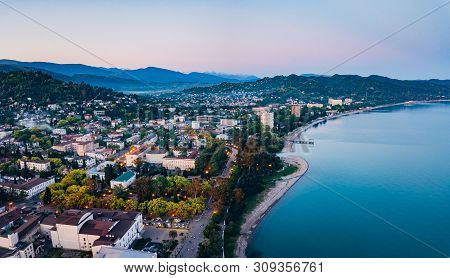 Evening Resort Town Sukhum, Abkhazia Aerial View From Drone.