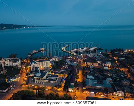 Evening Resort Town Sukhum, Abkhazia Aerial View From Drone.