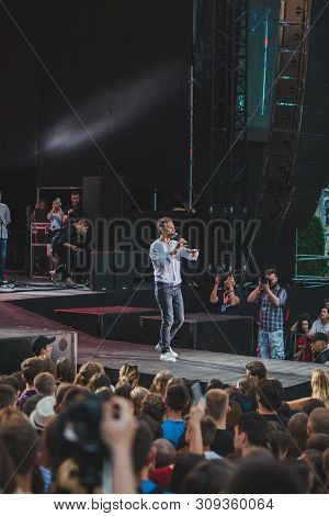 Lviv, Ukraine - June 18, 2019: Vakarchuk At Stage Talking In Microphone. Political