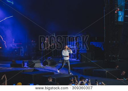 Lviv, Ukraine - June 18, 2019: Okean Elzy Rock Band Concert Outdoors Stage