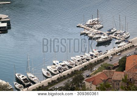 Close Up View Of Boats And Yachts At The Pier In The Bay Of Kotor, Montenegro