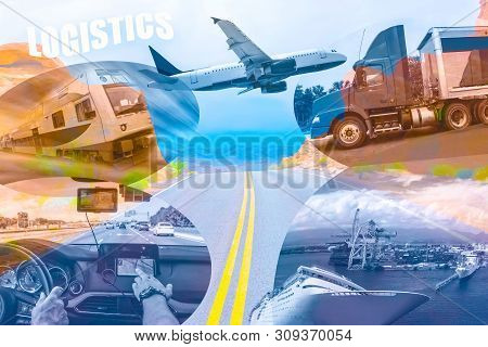 Abstract Design Background, Trucks And Transport. Highway And Delivering. Collage With Double Exposu