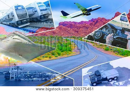 Abstract Design Background, Trucks And Transport. Highway And Delivering. Collage With Double Exposu