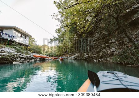 Rubber Boat In Canyon. Martvili Canyon In Georgia.