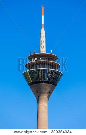 Dusseldorf, Germany - July 01, 2018: Rheinturm Or Rhine Tower Is A 240 Metre High Concrete Telecommu