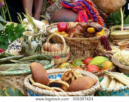 The Set Of Traditional Dishes Of Azuay Province: Tortillas De Trigo, Maiz Or Morocho, Cuy Asado (gui