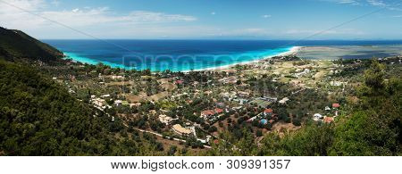 Avali beach panoram, Lefkada island, Greece. Beautiful turquoise sea on the island of Lefkada in Greece