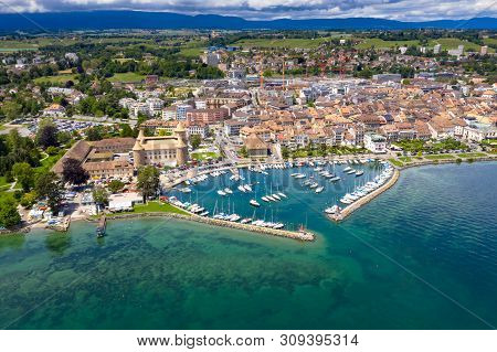 Aerial View Of Morges Castle In The Border Of The Leman Lake In  Switzerland