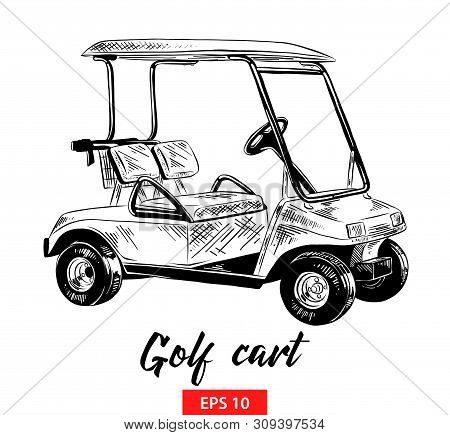 Vector Engraved Style Illustration For Posters, Decoration And Print. Hand Drawn Sketch Of Golf Cart